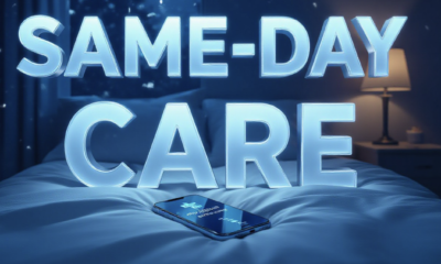 A viral, hyper-realistic YouTube thumbnail with a cinematic medical blue atmosphere. The background is a cozy dark bedroom with snow falling outside the window and warm bedside lamp glow. The composition uses a dramatic low angle to focus on the main subject: a sleek smartphone lying on white sheets displaying the glowing Intermountain Connect Care app. The image features massive 3D typography with strict hierarchy: The Primary Text reads exactly: 'SAME-DAY CARE'. This text is massive, the largest element in the frame, rendered in frosted ice-blue chrome with subtle medical cross elements to look like a high-budget 3D render. The Secondary Text reads exactly: 'Feel Better Today'. This text is significantly smaller, positioned below the main text. It features a thick, glowing white border with soft pulse effect to contrast against the background. Make sure text 2 is always different theme, style, effect and border compared to text 1. The text materials correspond to the story's concept. Crucial Instruction: There is absolutely NO other text, numbers, watermarks, or subtitles in this image other than these two specific lines. 8k, Unreal Engine 5, cinematic render