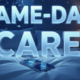 A viral, hyper-realistic YouTube thumbnail with a cinematic medical blue atmosphere. The background is a cozy dark bedroom with snow falling outside the window and warm bedside lamp glow. The composition uses a dramatic low angle to focus on the main subject: a sleek smartphone lying on white sheets displaying the glowing Intermountain Connect Care app. The image features massive 3D typography with strict hierarchy: The Primary Text reads exactly: 'SAME-DAY CARE'. This text is massive, the largest element in the frame, rendered in frosted ice-blue chrome with subtle medical cross elements to look like a high-budget 3D render. The Secondary Text reads exactly: 'Feel Better Today'. This text is significantly smaller, positioned below the main text. It features a thick, glowing white border with soft pulse effect to contrast against the background. Make sure text 2 is always different theme, style, effect and border compared to text 1. The text materials correspond to the story's concept. Crucial Instruction: There is absolutely NO other text, numbers, watermarks, or subtitles in this image other than these two specific lines. 8k, Unreal Engine 5, cinematic render