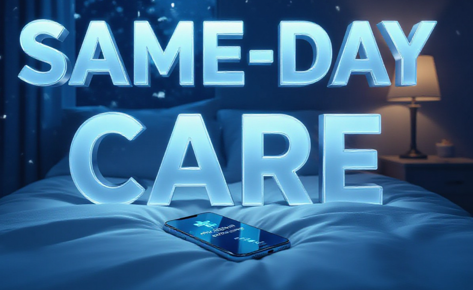 A viral, hyper-realistic YouTube thumbnail with a cinematic medical blue atmosphere. The background is a cozy dark bedroom with snow falling outside the window and warm bedside lamp glow. The composition uses a dramatic low angle to focus on the main subject: a sleek smartphone lying on white sheets displaying the glowing Intermountain Connect Care app. The image features massive 3D typography with strict hierarchy: The Primary Text reads exactly: 'SAME-DAY CARE'. This text is massive, the largest element in the frame, rendered in frosted ice-blue chrome with subtle medical cross elements to look like a high-budget 3D render. The Secondary Text reads exactly: 'Feel Better Today'. This text is significantly smaller, positioned below the main text. It features a thick, glowing white border with soft pulse effect to contrast against the background. Make sure text 2 is always different theme, style, effect and border compared to text 1. The text materials correspond to the story's concept. Crucial Instruction: There is absolutely NO other text, numbers, watermarks, or subtitles in this image other than these two specific lines. 8k, Unreal Engine 5, cinematic render