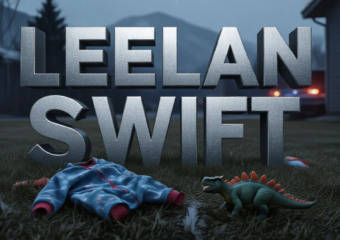 A viral, hyper-realistic YouTube thumbnail with a somber, rain-slicked mountain town atmosphere. The background is a quiet Gunnison backyard in late winter, muted colors, overcast sky, faint police lights glowing in the distance. The composition uses a low-angle shot to focus on the main subject: a small, empty pair of child's dinosaur pajamas lying on wet grass next to a single discarded toy dinosaur. The image features massive 3D typography with strict hierarchy: The Primary Text reads exactly: 'Leelan Swift'. This text is massive, rendered in cold brushed steel with subtle frost effects. The Secondary Text reads exactly: 'Killed by Family Dogs'. This text is smaller, positioned below, in blood-red with thick black outline and subtle dripping effect. The text materials correspond to the story's concept. Crucial Instruction: There is absolutely NO other text, numbers, watermarks, or subtitles in this image other than these two specific lines. 8k, Unreal Engine 5, cinematic render