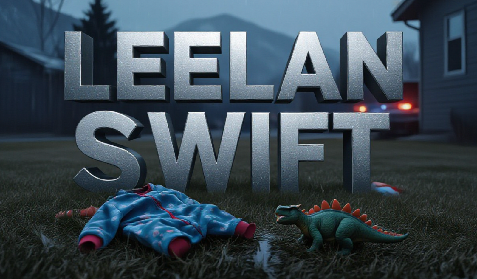 A viral, hyper-realistic YouTube thumbnail with a somber, rain-slicked mountain town atmosphere. The background is a quiet Gunnison backyard in late winter, muted colors, overcast sky, faint police lights glowing in the distance. The composition uses a low-angle shot to focus on the main subject: a small, empty pair of child's dinosaur pajamas lying on wet grass next to a single discarded toy dinosaur. The image features massive 3D typography with strict hierarchy: The Primary Text reads exactly: 'Leelan Swift'. This text is massive, rendered in cold brushed steel with subtle frost effects. The Secondary Text reads exactly: 'Killed by Family Dogs'. This text is smaller, positioned below, in blood-red with thick black outline and subtle dripping effect. The text materials correspond to the story's concept. Crucial Instruction: There is absolutely NO other text, numbers, watermarks, or subtitles in this image other than these two specific lines. 8k, Unreal Engine 5, cinematic render