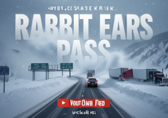 A viral, hyper-realistic YouTube thumbnail with a dramatic winter storm atmosphere. The background is a blinding whiteout blizzard raging across Rabbit Ears Pass with massive snowdrifts burying Highway 40 signs and semi trucks struggling through zero-visibility conditions with swirling snow and ice particles filling the air under dark steel-gray skies. The composition uses a low-angle dramatic shot looking up the snow-covered mountain pass to emphasize power and danger. The main subject: a massive wall of blowing snow completely engulfing the famous Rabbit Ears rock formation. The image features massive 3D typography with strict hierarchy: The Primary Text reads exactly: 'COLORADO STORM'. This text is massive, the largest element in the frame, rendered in icy blue chrome with thick frost and snow accumulation to look like a high-budget 3D render. The Secondary Text reads exactly: 'UP TO 20" SNOW'. This text is significantly smaller, positioned below the main text with a bright orange glowing border and subtle fire-like edge effect to contrast against the cold background. Make sure text 2 is always different theme, style, effect and border compared to text 1. The text materials correspond to the story's concept. Crucial Instruction: There is absolutely NO other text, numbers, watermarks, or subtitles in this image other than these two specific lines. 8k, Unreal Engine 5, cinematic render