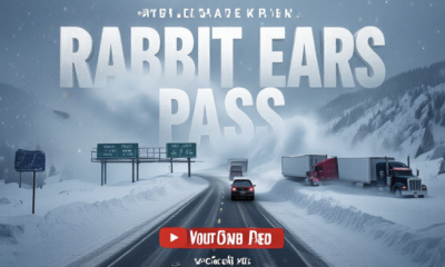 A viral, hyper-realistic YouTube thumbnail with a dramatic winter storm atmosphere. The background is a blinding whiteout blizzard raging across Rabbit Ears Pass with massive snowdrifts burying Highway 40 signs and semi trucks struggling through zero-visibility conditions with swirling snow and ice particles filling the air under dark steel-gray skies. The composition uses a low-angle dramatic shot looking up the snow-covered mountain pass to emphasize power and danger. The main subject: a massive wall of blowing snow completely engulfing the famous Rabbit Ears rock formation. The image features massive 3D typography with strict hierarchy: The Primary Text reads exactly: 'COLORADO STORM'. This text is massive, the largest element in the frame, rendered in icy blue chrome with thick frost and snow accumulation to look like a high-budget 3D render. The Secondary Text reads exactly: 'UP TO 20" SNOW'. This text is significantly smaller, positioned below the main text with a bright orange glowing border and subtle fire-like edge effect to contrast against the cold background. Make sure text 2 is always different theme, style, effect and border compared to text 1. The text materials correspond to the story's concept. Crucial Instruction: There is absolutely NO other text, numbers, watermarks, or subtitles in this image other than these two specific lines. 8k, Unreal Engine 5, cinematic render