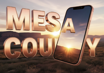 A viral, hyper-realistic YouTube thumbnail with a hopeful, warm Western Colorado sunrise atmosphere. The background is a sweeping Grand Junction landscape with the Book Cliffs glowing in golden morning light and subtle lens flare. The composition uses a dramatic low angle to focus on the main subject: a glowing, three-dimensional smartphone floating in mid-air, screen facing camera. The image features massive 3D typography with strict hierarchy: The Primary Text reads exactly: 'MESA COUNTY'. This text is massive, the largest element in the frame, rendered in polished rose-gold chrome with subtle Colorado red rock texture to look like a high-budget 3D render. The Secondary Text reads exactly: 'FIXES MENTAL HEALTH'. This text is significantly smaller, positioned below the main text with thick white outline and soft blue glow border to pop against the sunrise sky. Make sure text 2 is always different theme, style, effect and border compared to text 1. The text materials correspond to the story's concept. Crucial Instruction: There is absolutely NO other text, numbers, watermarks, or subtitles in this image other than these two specific lines. 8k, Unreal Engine 5, cinematic render