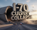 A viral, hyper-realistic YouTube thumbnail with a dramatic infrastructure-crisis atmosphere. The background is a massive cracked concrete box culvert collapsing under Interstate 70 at golden hour with dust particles in the air and emergency orange warning lights flashing. The composition uses a low dramatic angle looking up at the failing structure to emphasize danger and scale. The main subject: a massive crumbling concrete culvert with exposed rebar and bulging walls about to drop onto the highway. The image features massive 3D typography with strict hierarchy: The Primary Text reads exactly: 'I-70 CULVERT COLLAPSE'. This text is massive, the largest element in the frame, rendered in rusted cracked concrete material to look like a high-budget 3D render. The Secondary Text reads exactly: '$9.5M EMERGENCY FIX'. This text is significantly smaller, positioned below the main text. It features a thick, glowing red border/outline (sticker style) to contrast against the background. Make sure text 2 is always different theme, style, effect and border compared to text 1. The text materials correspond to the story's concept. Crucial Instruction: There is absolutely NO other text, numbers, watermarks, or subtitles in this image other than these two specific lines. 8k, Unreal Engine 5, cinematic render.