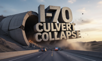 A viral, hyper-realistic YouTube thumbnail with a dramatic infrastructure-crisis atmosphere. The background is a massive cracked concrete box culvert collapsing under Interstate 70 at golden hour with dust particles in the air and emergency orange warning lights flashing. The composition uses a low dramatic angle looking up at the failing structure to emphasize danger and scale. The main subject: a massive crumbling concrete culvert with exposed rebar and bulging walls about to drop onto the highway. The image features massive 3D typography with strict hierarchy: The Primary Text reads exactly: 'I-70 CULVERT COLLAPSE'. This text is massive, the largest element in the frame, rendered in rusted cracked concrete material to look like a high-budget 3D render. The Secondary Text reads exactly: '$9.5M EMERGENCY FIX'. This text is significantly smaller, positioned below the main text. It features a thick, glowing red border/outline (sticker style) to contrast against the background. Make sure text 2 is always different theme, style, effect and border compared to text 1. The text materials correspond to the story's concept. Crucial Instruction: There is absolutely NO other text, numbers, watermarks, or subtitles in this image other than these two specific lines. 8k, Unreal Engine 5, cinematic render.