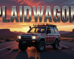 A viral, hyper-realistic YouTube thumbnail with a dramatic Western Colorado sunrise atmosphere. The background is a desolate stretch of Interstate 70 at dawn with red rock mesas and emergency lights flashing in the distance. The composition uses a low, heroic camera angle to focus on the main subject: a heavily damaged, roof-down 80-series Toyota Land Cruiser wrapped in plaid vinyl. The image features massive 3D typography with strict hierarchy: The Primary Text reads exactly: 'PLAIDWAGON'. This text is massive, the largest element in the frame, rendered in brushed gunmetal chrome with deep orange sunrise glow reflection to look like a high-budget 3D render. The Secondary Text reads exactly: 'I-70 HORSE CRASH'. This text is significantly smaller, positioned below the main text with thick white border and red outline sticker style. The text materials correspond to the story's concept. Crucial Instruction: There is absolutely NO other text, numbers, watermarks, or subtitles in this image other than these two specific lines. 8k, Unreal Engine 5, cinematic render