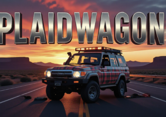A viral, hyper-realistic YouTube thumbnail with a dramatic Western Colorado sunrise atmosphere. The background is a desolate stretch of Interstate 70 at dawn with red rock mesas and emergency lights flashing in the distance. The composition uses a low, heroic camera angle to focus on the main subject: a heavily damaged, roof-down 80-series Toyota Land Cruiser wrapped in plaid vinyl. The image features massive 3D typography with strict hierarchy: The Primary Text reads exactly: 'PLAIDWAGON'. This text is massive, the largest element in the frame, rendered in brushed gunmetal chrome with deep orange sunrise glow reflection to look like a high-budget 3D render. The Secondary Text reads exactly: 'I-70 HORSE CRASH'. This text is significantly smaller, positioned below the main text with thick white border and red outline sticker style. The text materials correspond to the story's concept. Crucial Instruction: There is absolutely NO other text, numbers, watermarks, or subtitles in this image other than these two specific lines. 8k, Unreal Engine 5, cinematic render