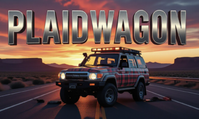 A viral, hyper-realistic YouTube thumbnail with a dramatic Western Colorado sunrise atmosphere. The background is a desolate stretch of Interstate 70 at dawn with red rock mesas and emergency lights flashing in the distance. The composition uses a low, heroic camera angle to focus on the main subject: a heavily damaged, roof-down 80-series Toyota Land Cruiser wrapped in plaid vinyl. The image features massive 3D typography with strict hierarchy: The Primary Text reads exactly: 'PLAIDWAGON'. This text is massive, the largest element in the frame, rendered in brushed gunmetal chrome with deep orange sunrise glow reflection to look like a high-budget 3D render. The Secondary Text reads exactly: 'I-70 HORSE CRASH'. This text is significantly smaller, positioned below the main text with thick white border and red outline sticker style. The text materials correspond to the story's concept. Crucial Instruction: There is absolutely NO other text, numbers, watermarks, or subtitles in this image other than these two specific lines. 8k, Unreal Engine 5, cinematic render