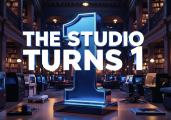 A viral, hyper-realistic YouTube thumbnail with a sleek tech-maker atmosphere. The background is the modern second floor of a grand public library filled with glowing 3D printers, laser cutters, and recording booths in warm evening light. The composition uses a dramatic low-angle shot to focus on the main subject: a large, futuristic chrome and electric-blue 3D-printed number "1" trophy floating above creative tools. The image features massive 3D typography with strict hierarchy: The Primary Text reads exactly: 'The Studio Turns 1'. This text is massive, the largest element in the frame, rendered in premium glowing neon blue chrome to look like a high-budget 3D render. The Secondary Text reads exactly: '23K Visitors Strong'. This text is significantly smaller, positioned below the main text. It features a thick, fiery orange border/outline (sticker style) to contrast against the background. Make sure text 2 is always different theme, style, effect and border compared to text 1. The text materials correspond to the story's concept. Crucial Instruction: There is absolutely NO other text, numbers, watermarks, or subtitles in this image other than these two specific lines. 8k, Unreal Engine 5, cinematic render.