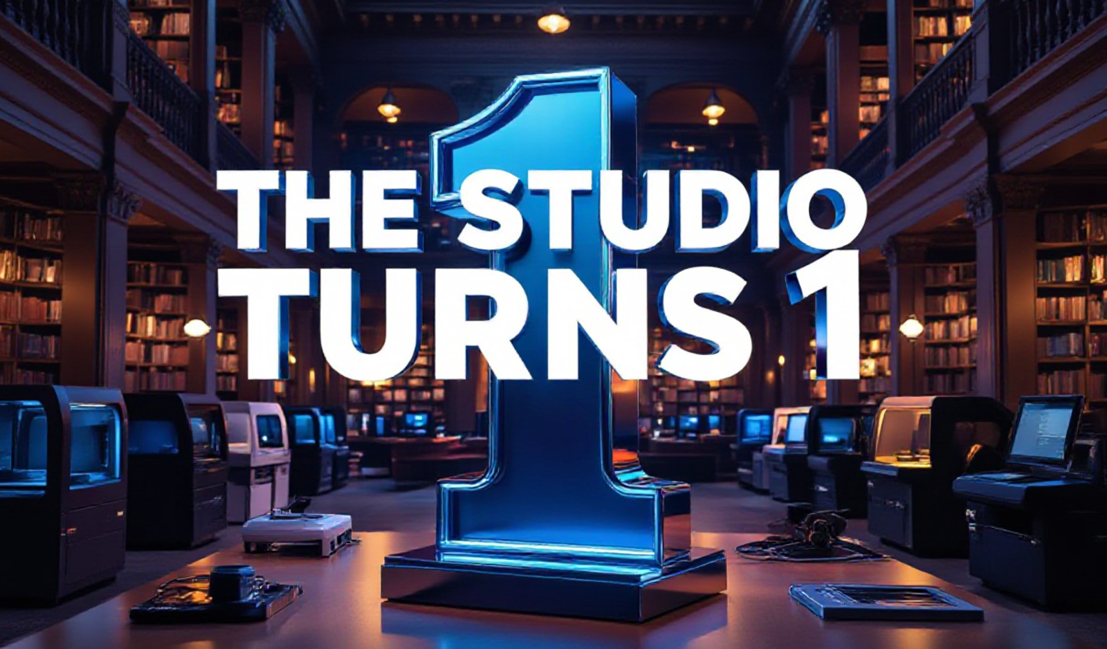 A viral, hyper-realistic YouTube thumbnail with a sleek tech-maker atmosphere. The background is the modern second floor of a grand public library filled with glowing 3D printers, laser cutters, and recording booths in warm evening light. The composition uses a dramatic low-angle shot to focus on the main subject: a large, futuristic chrome and electric-blue 3D-printed number "1" trophy floating above creative tools. The image features massive 3D typography with strict hierarchy: The Primary Text reads exactly: 'The Studio Turns 1'. This text is massive, the largest element in the frame, rendered in premium glowing neon blue chrome to look like a high-budget 3D render. The Secondary Text reads exactly: '23K Visitors Strong'. This text is significantly smaller, positioned below the main text. It features a thick, fiery orange border/outline (sticker style) to contrast against the background. Make sure text 2 is always different theme, style, effect and border compared to text 1. The text materials correspond to the story's concept. Crucial Instruction: There is absolutely NO other text, numbers, watermarks, or subtitles in this image other than these two specific lines. 8k, Unreal Engine 5, cinematic render.