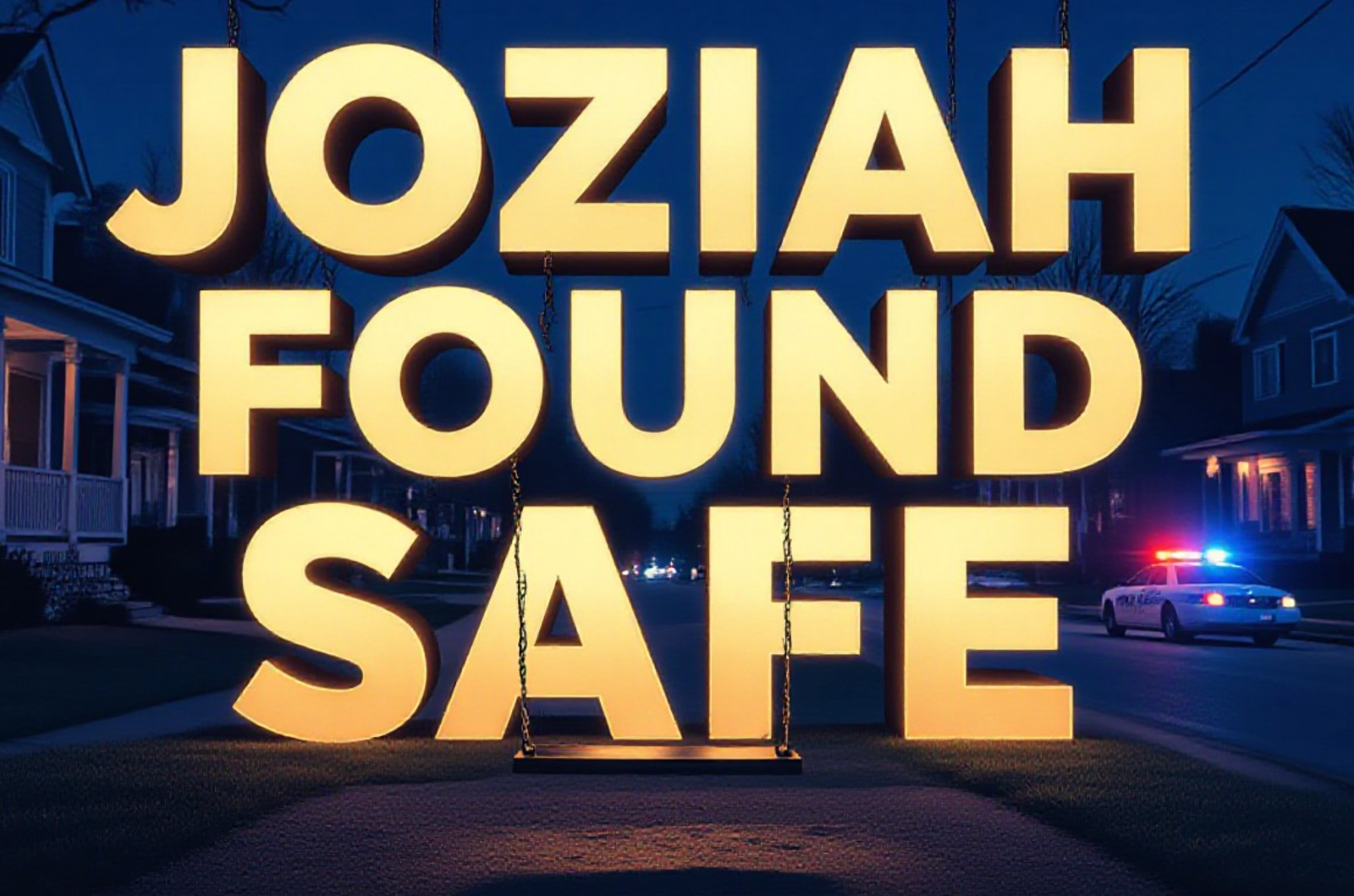 A viral, hyper-realistic YouTube thumbnail with a heartfelt midnight-blue atmosphere. The background is a quiet Fort Wayne residential street at night with porch lights glowing warmly and police car lights softly flashing in the distance. The composition uses a low-angle shot to focus on the main subject: a child's empty swing swaying gently in the foreground. The image features massive 3D typography with strict hierarchy: The Primary Text reads exactly: 'JOZIAH FOUND SAFE'. This text is massive, the largest element in the frame, rendered in warm glowing gold to look like a high-budget 3D render. The Secondary Text reads exactly: 'Community Brings Boy Home'. This text is significantly smaller, positioned below the main text. It features a thick white border with soft blue glow to contrast against the background. Make sure text 2 is always different theme, style, effect and border compared to text 1. The text materials correspond to the story's concept. Crucial Instruction: There is absolutely NO other text, numbers, watermarks, or subtitles in this image other than these two specific lines. 8k, Unreal Engine 5, cinematic render