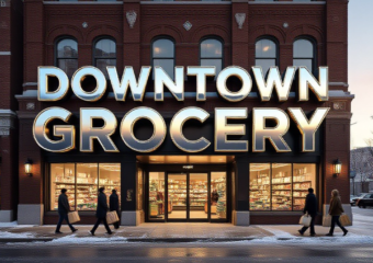 A viral, hyper-realistic YouTube thumbnail with a warm urban revival atmosphere. The background is a bustling downtown Fort Wayne street at golden hour with fresh snow on sidewalks and people carrying grocery bags. The composition uses a dramatic low angle to focus on the main subject: a gleaming modern grocery store entrance carved into a beautifully restored historic brick bakery building. The image features massive 3D typography with strict hierarchy: The Primary Text reads exactly: 'DOWNTOWN GROCERY'. This text is massive, the largest element in the frame, rendered in polished chrome with subtle neon glow to look like a high-budget 3D render. The Secondary Text reads exactly: 'FINALLY COMING 2027'. This text is significantly smaller, positioned below the main text. It features a thick red sticker-style border to contrast against the background. Make sure text 2 is always different theme, style, effect and border compared to text 1. The text materials correspond to the story's concept. Crucial Instruction: There is absolutely NO other text, numbers, watermarks, or subtitles in this image other than these two specific lines. 8k, Unreal Engine 5, cinematic render