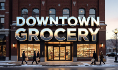 A viral, hyper-realistic YouTube thumbnail with a warm urban revival atmosphere. The background is a bustling downtown Fort Wayne street at golden hour with fresh snow on sidewalks and people carrying grocery bags. The composition uses a dramatic low angle to focus on the main subject: a gleaming modern grocery store entrance carved into a beautifully restored historic brick bakery building. The image features massive 3D typography with strict hierarchy: The Primary Text reads exactly: 'DOWNTOWN GROCERY'. This text is massive, the largest element in the frame, rendered in polished chrome with subtle neon glow to look like a high-budget 3D render. The Secondary Text reads exactly: 'FINALLY COMING 2027'. This text is significantly smaller, positioned below the main text. It features a thick red sticker-style border to contrast against the background. Make sure text 2 is always different theme, style, effect and border compared to text 1. The text materials correspond to the story's concept. Crucial Instruction: There is absolutely NO other text, numbers, watermarks, or subtitles in this image other than these two specific lines. 8k, Unreal Engine 5, cinematic render