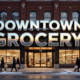 A viral, hyper-realistic YouTube thumbnail with a warm urban revival atmosphere. The background is a bustling downtown Fort Wayne street at golden hour with fresh snow on sidewalks and people carrying grocery bags. The composition uses a dramatic low angle to focus on the main subject: a gleaming modern grocery store entrance carved into a beautifully restored historic brick bakery building. The image features massive 3D typography with strict hierarchy: The Primary Text reads exactly: 'DOWNTOWN GROCERY'. This text is massive, the largest element in the frame, rendered in polished chrome with subtle neon glow to look like a high-budget 3D render. The Secondary Text reads exactly: 'FINALLY COMING 2027'. This text is significantly smaller, positioned below the main text. It features a thick red sticker-style border to contrast against the background. Make sure text 2 is always different theme, style, effect and border compared to text 1. The text materials correspond to the story's concept. Crucial Instruction: There is absolutely NO other text, numbers, watermarks, or subtitles in this image other than these two specific lines. 8k, Unreal Engine 5, cinematic render
