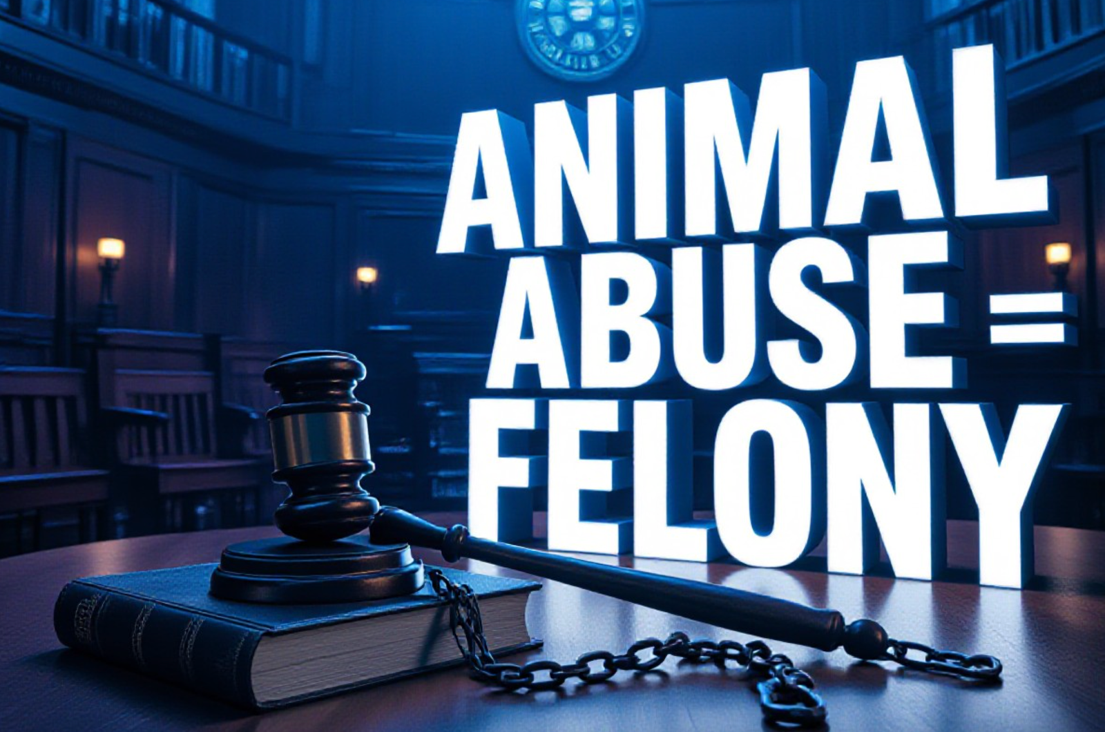 A viral, hyper-realistic YouTube thumbnail with a dramatic courtroom atmosphere. The background is a dimly lit Indiana Statehouse chamber with wooden benches and the state seal glowing faintly on the wall, moody blue and amber lighting. The composition uses a low-angle shot to focus on the main subject: a heavy brass gavel resting on a leather-bound law book beside a broken metal dog chain. The image features massive 3D typography with strict hierarchy: The Primary Text reads exactly: 'ANIMAL ABUSE = FELONY'. This text is massive, the largest element in the frame, rendered in cold polished chrome with sharp edges to look like a high-budget 3D render. The Secondary Text reads exactly: 'Indiana HB 1165'. This text is significantly smaller, positioned below the main text. It features a thick red sticker-style outline with slight glow effect to contrast against the background. Make sure text 2 is always different theme, style, effect and border compared to text 1. The text materials correspond to the story's concept. Crucial Instruction: There is absolutely NO other text, numbers, watermarks, or subtitles in this image other than these two specific lines. 8k, Unreal Engine 5, cinematic render.