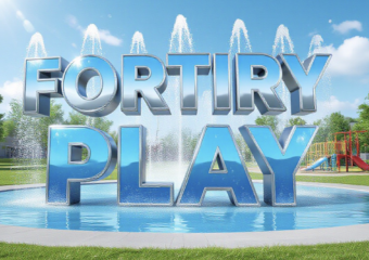 A viral, hyper-realistic YouTube thumbnail with a bright, joyful summer atmosphere. The background is a sunny small-town park with green grass and clear blue sky and subtle water sparkles in the air. The composition uses a low, heroic camera angle to focus on the main subject: a colorful, modern splash pad with water jets shooting up and playground equipment in the background. The image features massive 3D typography with strict hierarchy: The Primary Text reads exactly: 'FORTIFY PLAY'. This text is massive, the largest element in the frame, rendered in shiny chrome with water droplet effects to look like a high-budget 3D render. The Secondary Text reads exactly: 'COMING 2027'. This text is significantly smaller, positioned below the main text. It features a thick, bright yellow sticker-style outline to pop against the background. Make sure text 2 is always different theme, style, effect and border compared to text 1. The text materials correspond to the story's concept. Crucial Instruction: There is absolutely NO other text, numbers, watermarks, or subtitles in this image other than these two specific lines. 8k, Unreal Engine 5, cinematic render.