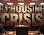 A viral, hyper-realistic YouTube thumbnail with a tense, urgent western Colorado atmosphere. The background is a crowded community center room packed with worried residents under harsh fluorescent lights mixed with dramatic red emergency-style glow. The composition uses a low, slightly tilted angle to focus on the main subject: a cracked wooden podium with a microphone and scattered housing survey forms. The image features massive 3D typography with strict hierarchy: The Primary Text reads exactly: 'GJ HOUSING CRISIS'. This text is massive, the largest element in the frame, rendered in weathered brushed steel with glowing orange edges to look like a high-budget 3D render. The Secondary Text reads exactly: 'RESIDENTS DEMAND ACTION'. This text is significantly smaller, positioned below the main text. It features a thick, distressed white outline with red drop shadow to contrast against the background. Make sure text 2 is always different theme, style, effect and border compared to text 1. The text materials correspond to the story's concept. Crucial Instruction: There is absolutely NO other text, numbers, watermarks, or subtitles in this image other than these two specific lines. 8k, Unreal Engine 5, cinematic render