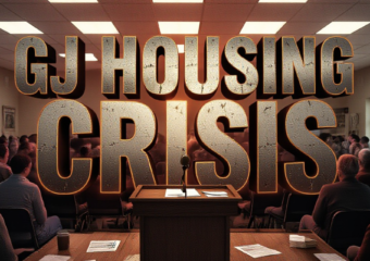 A viral, hyper-realistic YouTube thumbnail with a tense, urgent western Colorado atmosphere. The background is a crowded community center room packed with worried residents under harsh fluorescent lights mixed with dramatic red emergency-style glow. The composition uses a low, slightly tilted angle to focus on the main subject: a cracked wooden podium with a microphone and scattered housing survey forms. The image features massive 3D typography with strict hierarchy: The Primary Text reads exactly: 'GJ HOUSING CRISIS'. This text is massive, the largest element in the frame, rendered in weathered brushed steel with glowing orange edges to look like a high-budget 3D render. The Secondary Text reads exactly: 'RESIDENTS DEMAND ACTION'. This text is significantly smaller, positioned below the main text. It features a thick, distressed white outline with red drop shadow to contrast against the background. Make sure text 2 is always different theme, style, effect and border compared to text 1. The text materials correspond to the story's concept. Crucial Instruction: There is absolutely NO other text, numbers, watermarks, or subtitles in this image other than these two specific lines. 8k, Unreal Engine 5, cinematic render
