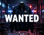 A viral, hyper-realistic YouTube thumbnail with a dark, tense crime atmosphere. The background is the dimly lit interior of a Colorado bar at night with scattered chairs, spilled drinks, and red-blue police lights flashing through windows. The composition uses a dramatic low angle to focus on the main subject: a black quarter-zip Navy pullover hanging ominously in the foreground, the U.S. Navy emblem glowing under harsh spotlight. The image features massive 3D typography with strict hierarchy: The Primary Text reads exactly: 'WANTED'. This text is massive, the largest element in the frame, rendered in cold brushed steel with red