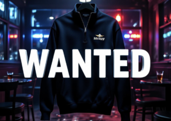 A viral, hyper-realistic YouTube thumbnail with a dark, tense crime atmosphere. The background is the dimly lit interior of a Colorado bar at night with scattered chairs, spilled drinks, and red-blue police lights flashing through windows. The composition uses a dramatic low angle to focus on the main subject: a black quarter-zip Navy pullover hanging ominously in the foreground, the U.S. Navy emblem glowing under harsh spotlight. The image features massive 3D typography with strict hierarchy: The Primary Text reads exactly: 'WANTED'. This text is massive, the largest element in the frame, rendered in cold brushed steel with red