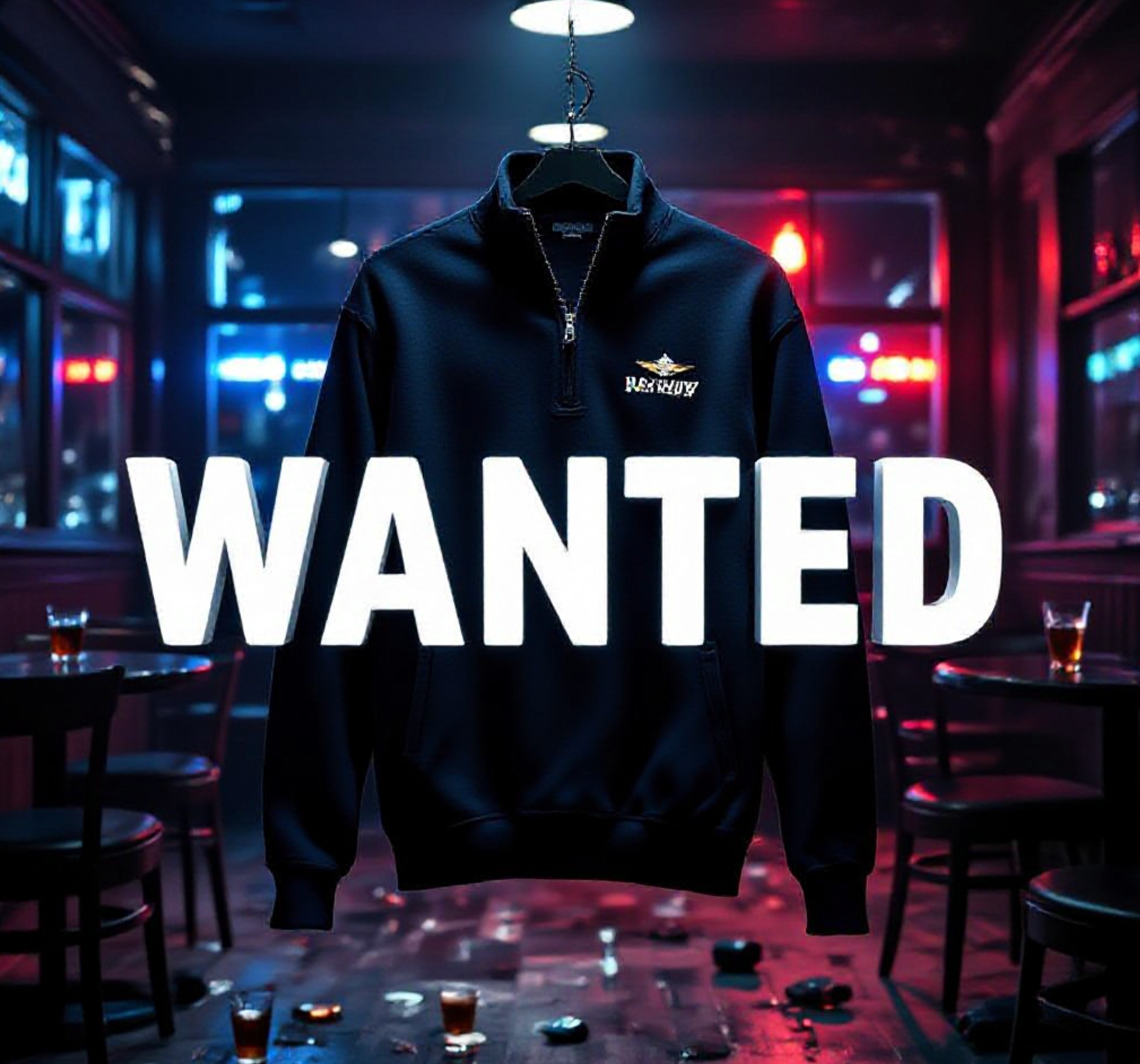 A viral, hyper-realistic YouTube thumbnail with a dark, tense crime atmosphere. The background is the dimly lit interior of a Colorado bar at night with scattered chairs, spilled drinks, and red-blue police lights flashing through windows. The composition uses a dramatic low angle to focus on the main subject: a black quarter-zip Navy pullover hanging ominously in the foreground, the U.S. Navy emblem glowing under harsh spotlight. The image features massive 3D typography with strict hierarchy: The Primary Text reads exactly: 'WANTED'. This text is massive, the largest element in the frame, rendered in cold brushed steel with red