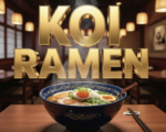 A viral, hyper-realistic YouTube thumbnail with a Business News atmosphere. The background is a blurred, high-end Japanese restaurant interior with warm ambient lighting. The composition uses a low angle to focus on the main subject: a steaming, delicious bowl of Ramen with fresh toppings on a wooden table. The image features massive 3D typography with strict hierarchy: The Primary Text reads exactly: 'KOI RAMEN'. This text is massive, the largest element in the frame, rendered in Gold Chrome to look like a high-budget 3D render. The Secondary Text reads exactly: 'OPEN'. This text is significantly smaller, positioned below or next to the main text. It features a thick, distinct green border/outline (sticker style) to contrast against the background. Make sure text 2 is always different theme, style, effect and border compared to text 1. The text materials correspond to the story's concept. Crucial Instruction: There is absolutely NO other text, numbers, watermarks, or subtitles in this image other than these two specific lines. 8k, Unreal Engine 5, cinematic render.