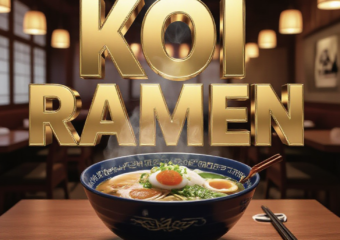 A viral, hyper-realistic YouTube thumbnail with a Business News atmosphere. The background is a blurred, high-end Japanese restaurant interior with warm ambient lighting. The composition uses a low angle to focus on the main subject: a steaming, delicious bowl of Ramen with fresh toppings on a wooden table. The image features massive 3D typography with strict hierarchy: The Primary Text reads exactly: 'KOI RAMEN'. This text is massive, the largest element in the frame, rendered in Gold Chrome to look like a high-budget 3D render. The Secondary Text reads exactly: 'OPEN'. This text is significantly smaller, positioned below or next to the main text. It features a thick, distinct green border/outline (sticker style) to contrast against the background. Make sure text 2 is always different theme, style, effect and border compared to text 1. The text materials correspond to the story's concept. Crucial Instruction: There is absolutely NO other text, numbers, watermarks, or subtitles in this image other than these two specific lines. 8k, Unreal Engine 5, cinematic render.