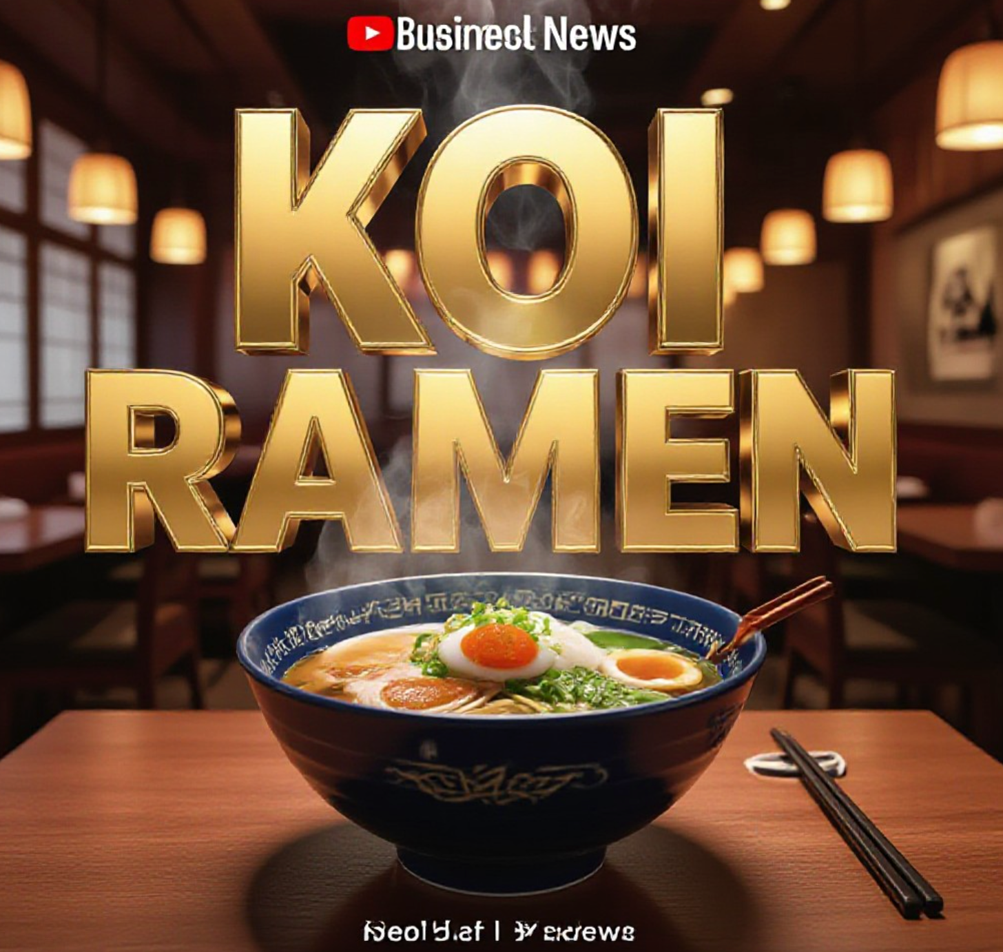 A viral, hyper-realistic YouTube thumbnail with a Business News atmosphere. The background is a blurred, high-end Japanese restaurant interior with warm ambient lighting. The composition uses a low angle to focus on the main subject: a steaming, delicious bowl of Ramen with fresh toppings on a wooden table. The image features massive 3D typography with strict hierarchy: The Primary Text reads exactly: 'KOI RAMEN'. This text is massive, the largest element in the frame, rendered in Gold Chrome to look like a high-budget 3D render. The Secondary Text reads exactly: 'OPEN'. This text is significantly smaller, positioned below or next to the main text. It features a thick, distinct green border/outline (sticker style) to contrast against the background. Make sure text 2 is always different theme, style, effect and border compared to text 1.

The text materials correspond to the story's concept. Crucial Instruction: There is absolutely NO other text, numbers, watermarks, or subtitles in this image other than these two specific lines. 8k, Unreal Engine 5, cinematic render.