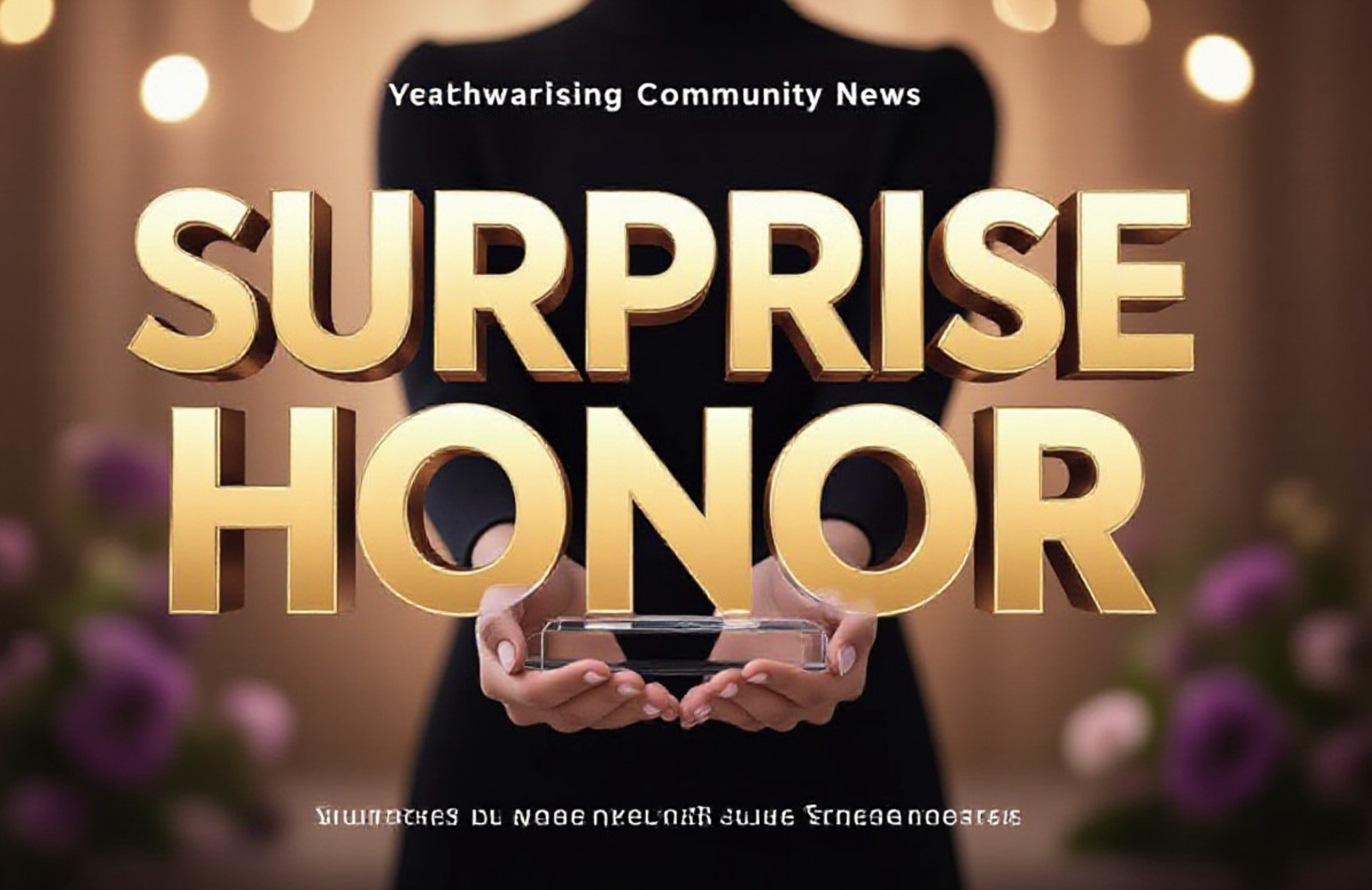 A viral, hyper-realistic YouTube thumbnail with a Heartwarming Community News atmosphere. The background is a blurred, warm-toned event space with soft bokeh lighting and hints of purple floral arrangements. The composition uses a Slight Low Angle to focus on the main subject: a Crystal Award Trophy held by invisible hands. The image features massive 3D typography with strict hierarchy: The Primary Text reads exactly: 'SURPRISE HONOR'. This text is massive, the largest element in the frame, rendered in Gold to look like a high-budget 3D render. The Secondary Text reads exactly: '$60,000 GIFT'. This text is significantly smaller, positioned below or next to the main text. It features a thick, distinct purple border/outline (sticker style) to contrast against the background. Make sure text 2 is always different theme, style, effect and border compared to text 1.

The text materials correspond to the story's concept. Crucial Instruction: There is absolutely NO other text, numbers, watermarks, or subtitles in this image other than these two specific lines. 8k, Unreal Engine 5, cinematic render.