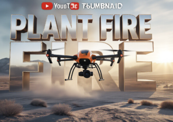 A viral, hyper-realistic YouTube thumbnail with a Kinetic news atmosphere. The background is a snowy, arid industrial desert landscape in Colorado with dramatic morning sunlight cutting through lingering smoke. The composition uses a Low Angle to focus on the main subject: a sleek, orange and black Firefighter Drone hovering mid-air with a camera lens glowing. The image features massive 3D typography with strict hierarchy: The Primary Text reads exactly: 'PLANT FIRE'. This text is massive, the largest element in the frame, rendered in Chrome Fire to look like a high-budget 3D render. The Secondary Text reads exactly: 'CONTAINED'. This text is significantly smaller, positioned below or next to the main text. It features a thick, distinct neon blue border/outline (sticker style) to contrast against the background. Make sure text 2 is always different theme, style, effect and border compared to text 1.