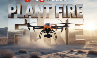 A viral, hyper-realistic YouTube thumbnail with a Kinetic news atmosphere. The background is a snowy, arid industrial desert landscape in Colorado with dramatic morning sunlight cutting through lingering smoke. The composition uses a Low Angle to focus on the main subject: a sleek, orange and black Firefighter Drone hovering mid-air with a camera lens glowing. The image features massive 3D typography with strict hierarchy: The Primary Text reads exactly: 'PLANT FIRE'. This text is massive, the largest element in the frame, rendered in Chrome Fire to look like a high-budget 3D render. The Secondary Text reads exactly: 'CONTAINED'. This text is significantly smaller, positioned below or next to the main text. It features a thick, distinct neon blue border/outline (sticker style) to contrast against the background. Make sure text 2 is always different theme, style, effect and border compared to text 1.