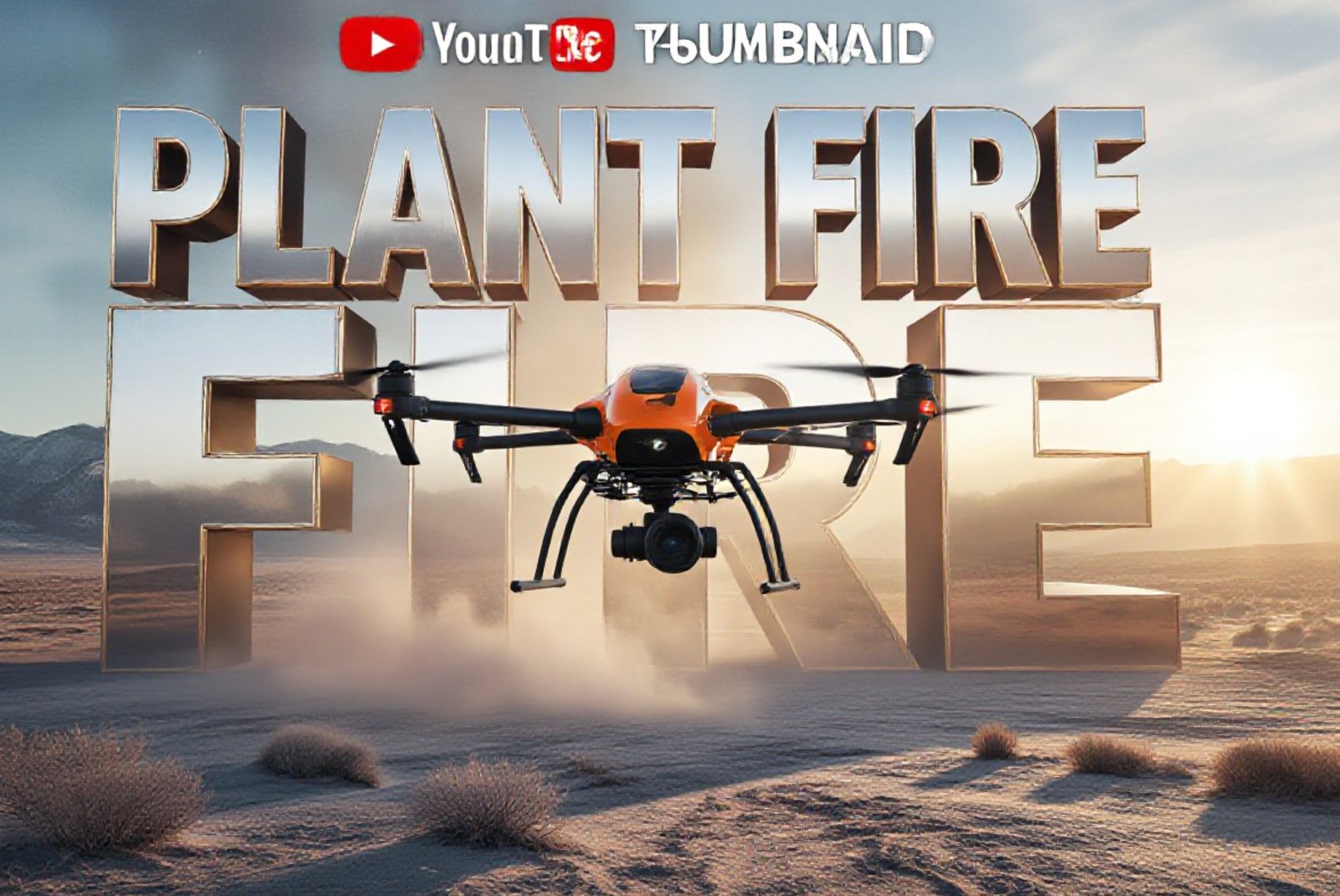 A viral, hyper-realistic YouTube thumbnail with a Kinetic news atmosphere. The background is a snowy, arid industrial desert landscape in Colorado with dramatic morning sunlight cutting through lingering smoke. The composition uses a Low Angle to focus on the main subject: a sleek, orange and black Firefighter Drone hovering mid-air with a camera lens glowing. The image features massive 3D typography with strict hierarchy: The Primary Text reads exactly: 'PLANT FIRE'. This text is massive, the largest element in the frame, rendered in Chrome Fire to look like a high-budget 3D render. The Secondary Text reads exactly: 'CONTAINED'. This text is significantly smaller, positioned below or next to the main text. It features a thick, distinct neon blue border/outline (sticker style) to contrast against the background. Make sure text 2 is always different theme, style, effect and border compared to text 1.