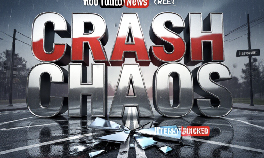 A viral, hyper-realistic YouTube thumbnail with a Kinetic News atmosphere. The background is a Wet Asphalt Intersection with Rain Slicked Streets. The composition uses a Low Angle to focus on the main subject: a Shattered Headlight Fragment. The image features massive 3D typography with strict hierarchy: The Primary Text reads exactly: 'CRASH CHAOS'. This text is massive, the largest element in the frame, rendered in Chrome with Red Reflection to look like a high-budget 3D render. The Secondary Text reads exactly: 'PATTERSON BLOCKED'. This text is significantly smaller, positioned below or next to the main text. It features a thick, distinct color border/outline (sticker style) to contrast against the background. Make sure text 2 is always different theme, style, effect and border compared to text 1.