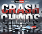 A viral, hyper-realistic YouTube thumbnail with a Kinetic News atmosphere. The background is a Wet Asphalt Intersection with Rain Slicked Streets. The composition uses a Low Angle to focus on the main subject: a Shattered Headlight Fragment. The image features massive 3D typography with strict hierarchy: The Primary Text reads exactly: 'CRASH CHAOS'. This text is massive, the largest element in the frame, rendered in Chrome with Red Reflection to look like a high-budget 3D render. The Secondary Text reads exactly: 'PATTERSON BLOCKED'. This text is significantly smaller, positioned below or next to the main text. It features a thick, distinct color border/outline (sticker style) to contrast against the background. Make sure text 2 is always different theme, style, effect and border compared to text 1.