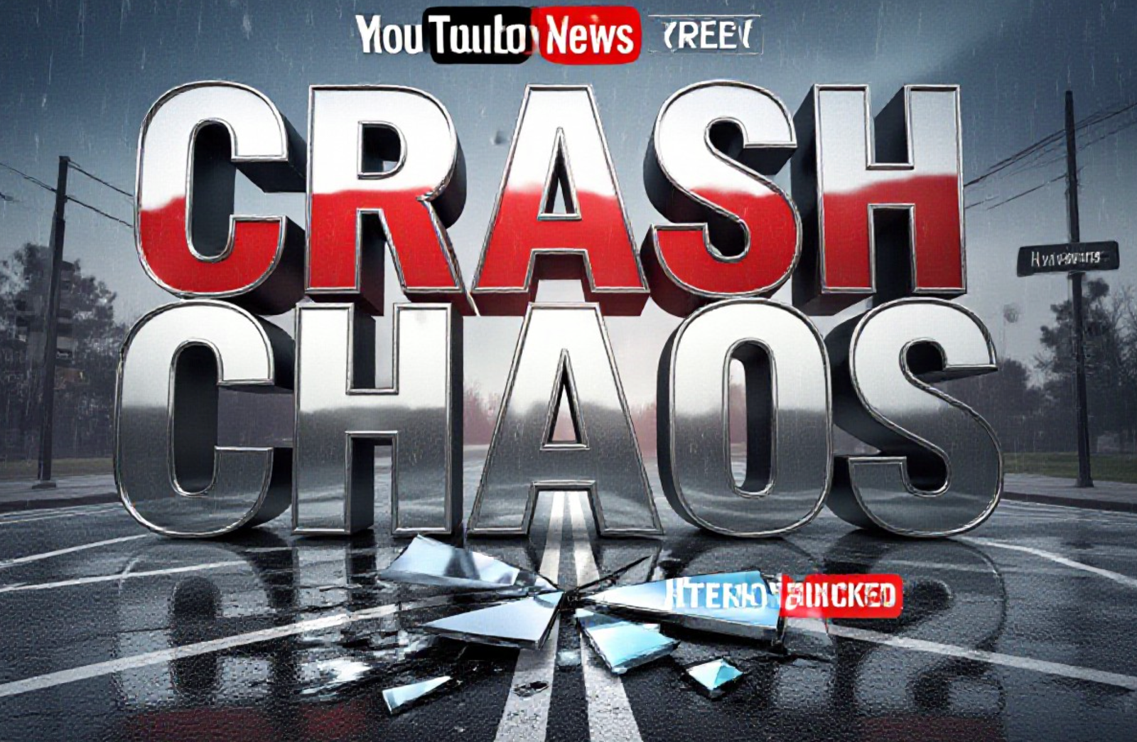 A viral, hyper-realistic YouTube thumbnail with a Kinetic News atmosphere. The background is a Wet Asphalt Intersection with Rain Slicked Streets. The composition uses a Low Angle to focus on the main subject: a Shattered Headlight Fragment. The image features massive 3D typography with strict hierarchy: The Primary Text reads exactly: 'CRASH CHAOS'. This text is massive, the largest element in the frame, rendered in Chrome with Red Reflection to look like a high-budget 3D render. The Secondary Text reads exactly: 'PATTERSON BLOCKED'. This text is significantly smaller, positioned below or next to the main text. It features a thick, distinct color border/outline (sticker style) to contrast against the background. Make sure text 2 is always different theme, style, effect and border compared to text 1.