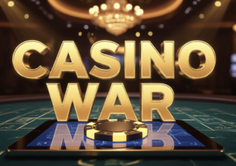 A viral, hyper-realistic YouTube thumbnail with a Business/High-Stakes atmosphere. The background is a blurred, high-end casino floor mixed with a digital wireframe of a map, illuminated by golden studio lighting. The composition uses a Low Angle to focus on the main subject: a sleek, glowing 3D Spade poker chip resting on a digital tablet. The image features massive 3D typography with strict hierarchy: The Primary Text reads exactly: 'CASINO WAR'. This text is massive, the largest element in the frame, rendered in Polished Gold to look like a high-budget 3D render. The Secondary Text reads exactly: 'STEUBEN BIDS'. This text is significantly smaller, positioned below the main text. It features a thick, distinct neon blue border/outline (sticker style) to contrast against the background. Make sure text 2 is always different theme, style, effect and border compared to text 1. The text materials correspond to the story's concept. Crucial Instruction: There is absolutely NO other text, numbers, watermarks, or subtitles in this image other than these two specific lines. 8k, Unreal Engine 5, cinematic render