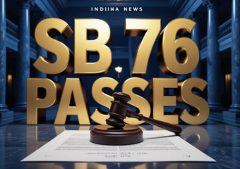 A viral, hyper-realistic YouTube thumbnail with a tense Political News atmosphere. The background is a dramatic, low-angle shot of the Indiana Statehouse interior with marble columns and shadowy hallways, lit with stark, cold blue and amber studio lighting. The composition uses a Low Angle to focus on the main subject: a detailed Faceless Wooden Gavel resting on a polished document. The image features massive 3D typography with strict hierarchy: The Primary Text reads exactly: 'SB 76 PASSES'. This text is massive, the largest element in the frame, rendered in Gold Chrome to look like a high-budget 3D render. The Secondary Text reads exactly: 'MANDATORY ICE COMPLIANCE'. This text is significantly smaller, positioned below the main text. It features a thick, distinct red border/outline (sticker style) to contrast against the background. Make sure text 2 is always different theme, style, effect and border compared to text 1. The text materials correspond to the story's concept. Crucial Instruction: There is absolutely NO other text, numbers, watermarks, or subtitles in this image other than these two specific lines. 8k, Unreal Engine 5, cinematic render