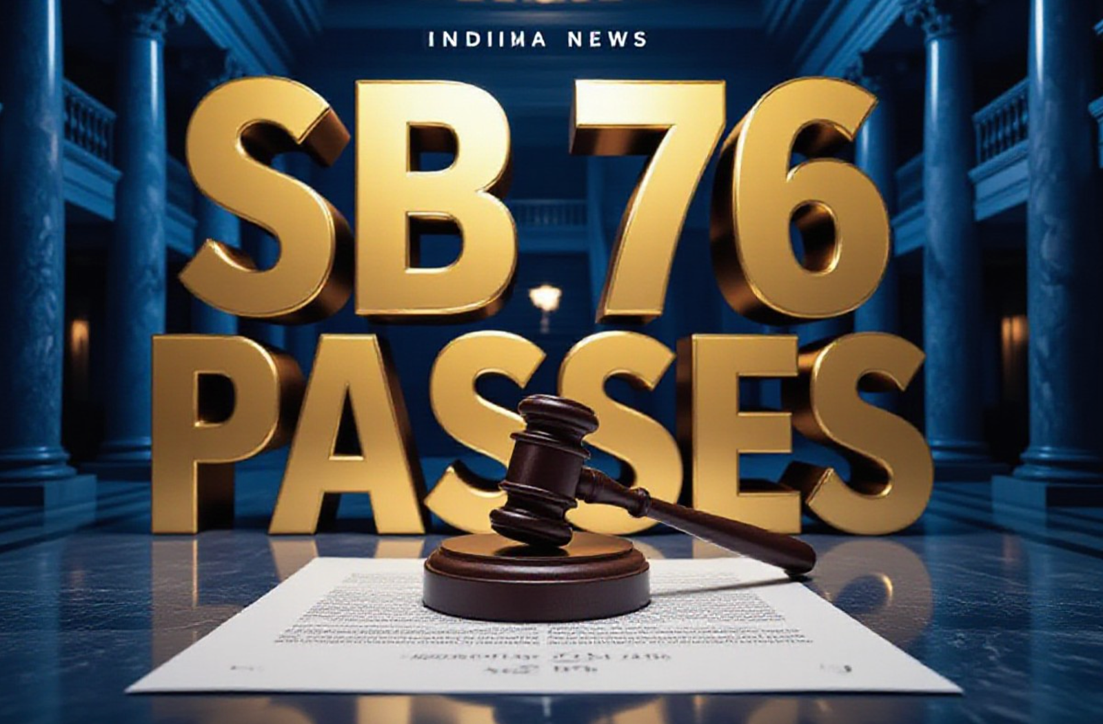 A viral, hyper-realistic YouTube thumbnail with a tense Political News atmosphere. The background is a dramatic, low-angle shot of the Indiana Statehouse interior with marble columns and shadowy hallways, lit with stark, cold blue and amber studio lighting. The composition uses a Low Angle to focus on the main subject: a detailed Faceless Wooden Gavel resting on a polished document. The image features massive 3D typography with strict hierarchy: The Primary Text reads exactly: 'SB 76 PASSES'. This text is massive, the largest element in the frame, rendered in Gold Chrome to look like a high-budget 3D render. The Secondary Text reads exactly: 'MANDATORY ICE COMPLIANCE'. This text is significantly smaller, positioned below the main text. It features a thick, distinct red border/outline (sticker style) to contrast against the background. Make sure text 2 is always different theme, style, effect and border compared to text 1. The text materials correspond to the story's concept. Crucial Instruction: There is absolutely NO other text, numbers, watermarks, or subtitles in this image other than these two specific lines. 8k, Unreal Engine 5, cinematic render