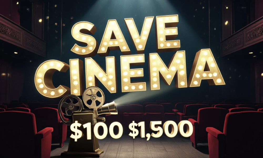 A viral, hyper-realistic YouTube thumbnail with a nostalgic cinematic atmosphere. The background is a dimly lit, vintage movie theater auditorium with red velvet seats and dust motes dancing in a strong projector beam. The composition uses a Low Angle to focus on the main subject: a glowing, vintage film reel projector. The image features massive 3D typography with strict hierarchy: The Primary Text reads exactly: 'SAVE CINEMA'. This text is massive, the largest element in the frame, rendered in Gold to look like a high-budget 3D render. The Secondary Text reads exactly: '$100K GOAL'. This text is significantly smaller, positioned below or next to the main text. It features a thick, distinct color border/outline (sticker style) to contrast against the background. Make sure text 2 is always different theme, style, effect and border compared to text 1.