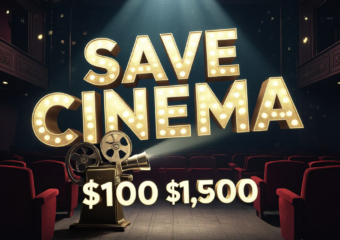 A viral, hyper-realistic YouTube thumbnail with a nostalgic cinematic atmosphere. The background is a dimly lit, vintage movie theater auditorium with red velvet seats and dust motes dancing in a strong projector beam. The composition uses a Low Angle to focus on the main subject: a glowing, vintage film reel projector. The image features massive 3D typography with strict hierarchy: The Primary Text reads exactly: 'SAVE CINEMA'. This text is massive, the largest element in the frame, rendered in Gold to look like a high-budget 3D render. The Secondary Text reads exactly: '$100K GOAL'. This text is significantly smaller, positioned below or next to the main text. It features a thick, distinct color border/outline (sticker style) to contrast against the background. Make sure text 2 is always different theme, style, effect and border compared to text 1.