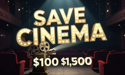 A viral, hyper-realistic YouTube thumbnail with a nostalgic cinematic atmosphere. The background is a dimly lit, vintage movie theater auditorium with red velvet seats and dust motes dancing in a strong projector beam. The composition uses a Low Angle to focus on the main subject: a glowing, vintage film reel projector. The image features massive 3D typography with strict hierarchy: The Primary Text reads exactly: 'SAVE CINEMA'. This text is massive, the largest element in the frame, rendered in Gold to look like a high-budget 3D render. The Secondary Text reads exactly: '$100K GOAL'. This text is significantly smaller, positioned below or next to the main text. It features a thick, distinct color border/outline (sticker style) to contrast against the background. Make sure text 2 is always different theme, style, effect and border compared to text 1.