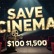 A viral, hyper-realistic YouTube thumbnail with a nostalgic cinematic atmosphere. The background is a dimly lit, vintage movie theater auditorium with red velvet seats and dust motes dancing in a strong projector beam. The composition uses a Low Angle to focus on the main subject: a glowing, vintage film reel projector. The image features massive 3D typography with strict hierarchy: The Primary Text reads exactly: 'SAVE CINEMA'. This text is massive, the largest element in the frame, rendered in Gold to look like a high-budget 3D render. The Secondary Text reads exactly: '$100K GOAL'. This text is significantly smaller, positioned below or next to the main text. It features a thick, distinct color border/outline (sticker style) to contrast against the background. Make sure text 2 is always different theme, style, effect and border compared to text 1.