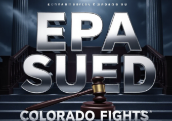 A viral, hyper-realistic YouTube thumbnail with a Kinetic atmosphere. The background is a Courtroom Steps with Stormy Lighting. The composition uses a Low Angle to focus on the main subject: a Gavel. The image features massive 3D typography with strict hierarchy: The Primary Text reads exactly: 'EPA SUED'. This text is massive, the largest element in the frame, rendered in Chrome to look like a high-budget 3D render. The Secondary Text reads exactly: 'COLORADO FIGHTS'. This text is significantly smaller, positioned below or next to the main text. It features a thick, distinct color border/outline (sticker style) to contrast against the background. Make sure text 2 is always different theme, style, effect and border compared to text 1.