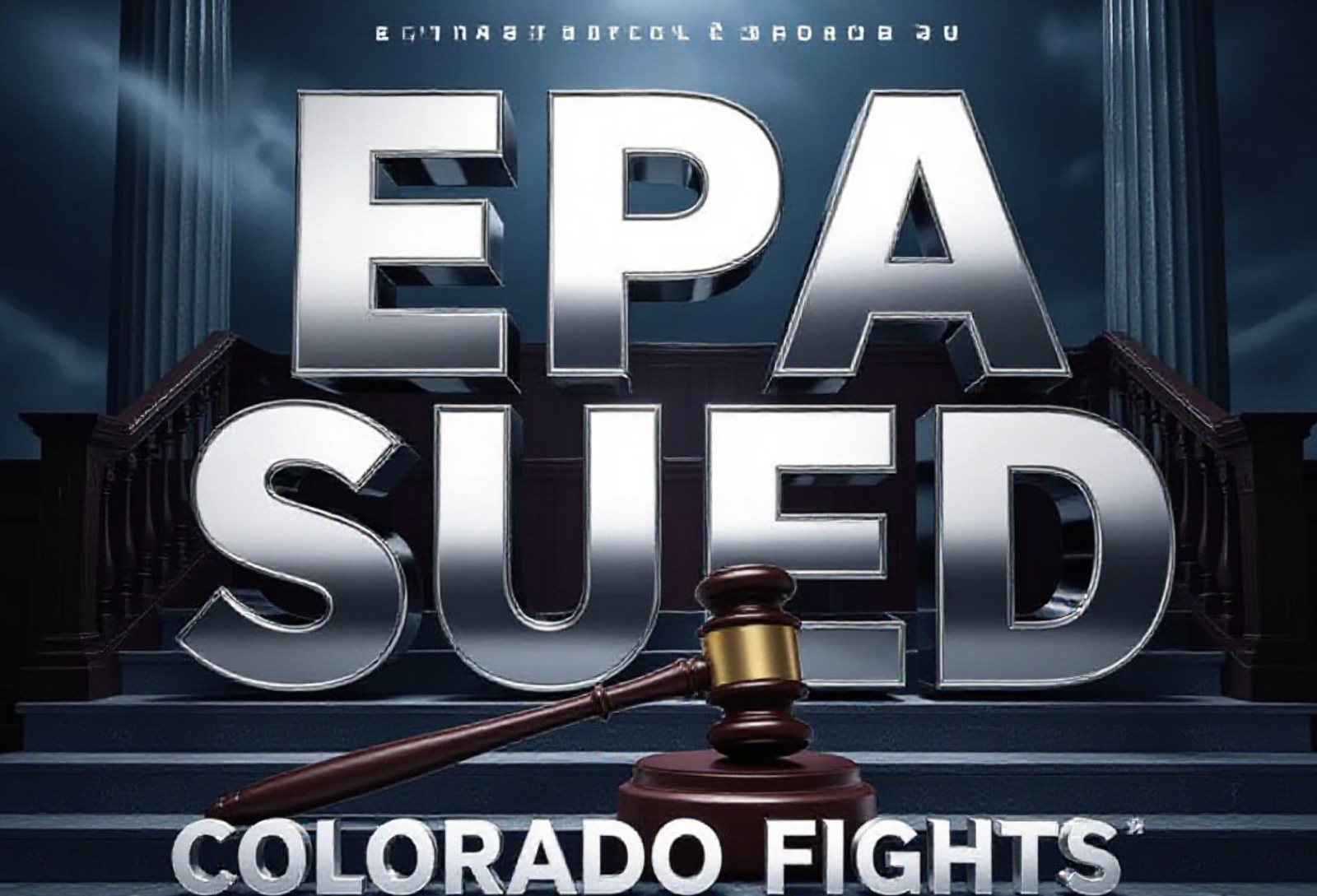 A viral, hyper-realistic YouTube thumbnail with a Kinetic atmosphere. The background is a Courtroom Steps with Stormy Lighting. The composition uses a Low Angle to focus on the main subject: a Gavel. The image features massive 3D typography with strict hierarchy: The Primary Text reads exactly: 'EPA SUED'. This text is massive, the largest element in the frame, rendered in Chrome to look like a high-budget 3D render. The Secondary Text reads exactly: 'COLORADO FIGHTS'. This text is significantly smaller, positioned below or next to the main text. It features a thick, distinct color border/outline (sticker style) to contrast against the background. Make sure text 2 is always different theme, style, effect and border compared to text 1.