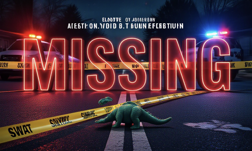 A viral, hyper-realistic YouTube thumbnail with a Crime/News atmosphere. The background is a suburban street at night with flashing red and blue police lights illuminating yellow crime scene tape and a SWAT vehicle. The composition uses a Low Angle to focus on the main subject: a discarded, lone child's dinosaur toy on the asphalt. The image features massive 3D typography with strict hierarchy: The Primary Text reads exactly: 'MISSING'. This text is massive, the largest element in the frame, rendered in Danger Red Neon to look like a high-budget 3D render. The Secondary Text reads exactly: 'SWAT STANDOFF'. This text is significantly smaller, positioned below or next to the main text. It features a thick, distinct white border/outline (sticker style) to contrast against the background. Make sure text 2 is always different theme, style, effect and border compared to text 1.