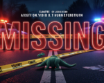 A viral, hyper-realistic YouTube thumbnail with a Crime/News atmosphere. The background is a suburban street at night with flashing red and blue police lights illuminating yellow crime scene tape and a SWAT vehicle. The composition uses a Low Angle to focus on the main subject: a discarded, lone child's dinosaur toy on the asphalt. The image features massive 3D typography with strict hierarchy: The Primary Text reads exactly: 'MISSING'. This text is massive, the largest element in the frame, rendered in Danger Red Neon to look like a high-budget 3D render. The Secondary Text reads exactly: 'SWAT STANDOFF'. This text is significantly smaller, positioned below or next to the main text. It features a thick, distinct white border/outline (sticker style) to contrast against the background. Make sure text 2 is always different theme, style, effect and border compared to text 1.