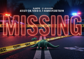 A viral, hyper-realistic YouTube thumbnail with a Crime/News atmosphere. The background is a suburban street at night with flashing red and blue police lights illuminating yellow crime scene tape and a SWAT vehicle. The composition uses a Low Angle to focus on the main subject: a discarded, lone child's dinosaur toy on the asphalt. The image features massive 3D typography with strict hierarchy: The Primary Text reads exactly: 'MISSING'. This text is massive, the largest element in the frame, rendered in Danger Red Neon to look like a high-budget 3D render. The Secondary Text reads exactly: 'SWAT STANDOFF'. This text is significantly smaller, positioned below or next to the main text. It features a thick, distinct white border/outline (sticker style) to contrast against the background. Make sure text 2 is always different theme, style, effect and border compared to text 1.