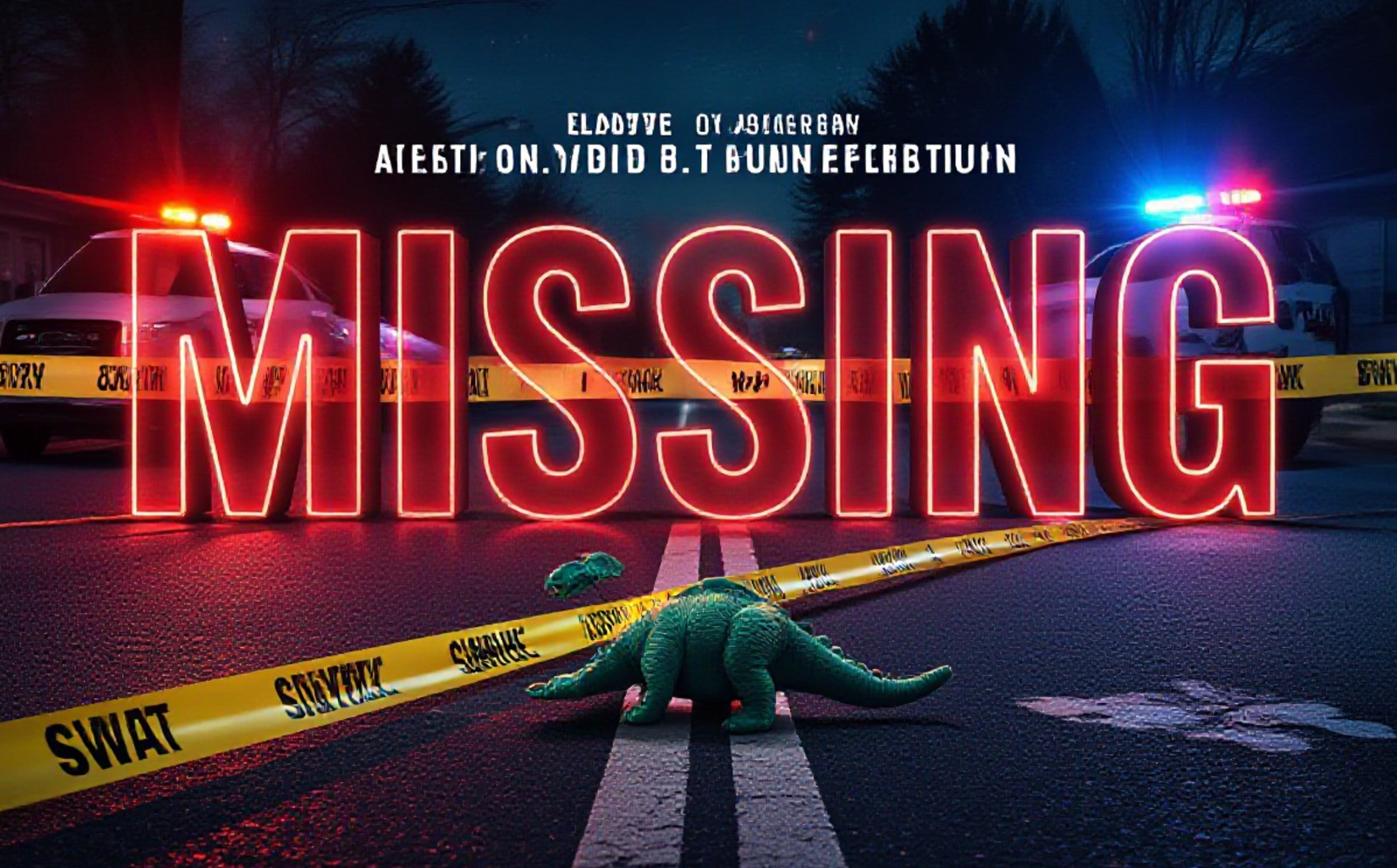 A viral, hyper-realistic YouTube thumbnail with a Crime/News atmosphere. The background is a suburban street at night with flashing red and blue police lights illuminating yellow crime scene tape and a SWAT vehicle. The composition uses a Low Angle to focus on the main subject: a discarded, lone child's dinosaur toy on the asphalt. The image features massive 3D typography with strict hierarchy: The Primary Text reads exactly: 'MISSING'. This text is massive, the largest element in the frame, rendered in Danger Red Neon to look like a high-budget 3D render. The Secondary Text reads exactly: 'SWAT STANDOFF'. This text is significantly smaller, positioned below or next to the main text. It features a thick, distinct white border/outline (sticker style) to contrast against the background. Make sure text 2 is always different theme, style, effect and border compared to text 1.
