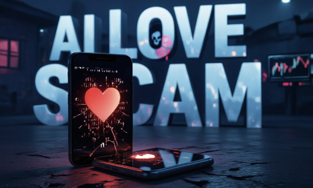 A viral, hyper-realistic YouTube thumbnail with a dark cyber-crime atmosphere. The background is a dimly lit scam compound at night with glowing computer screens showing dating app chats and crypto charts, subtle Southeast Asian compound details in shadows. The composition uses a dramatic low-angle shot to focus on the main subject: a cracked smartphone lying on dark concrete, screen displaying a loving heart emoji message that is glitching into binary code and skull symbols. The image features massive 3D typography with strict hierarchy: The Primary Text reads exactly: 'AI LOVE SCAM'. This text is massive, the largest element in the frame, rendered in glowing red neon chrome with digital distortion effects like a high-budget cyberpunk render. The Secondary Text reads exactly: 'Stealing Hearts & Millions'. This text is significantly smaller, positioned below the main text with a thick white sticker-style outline and subtle paper texture to contrast against the dark background. The text materials correspond to the story's concept. Crucial Instruction: There is absolutely NO other text, numbers, watermarks, or subtitles in this image other than these two specific lines. 8k, Unreal Engine 5, cinematic render.